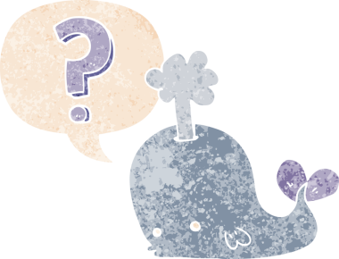 Bir insan tarafından çizilmiş grunge sıkıntılı retro tarzı konuşma balinası ile çizgi film meraklısı balina