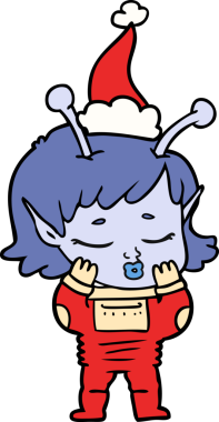 Bir insan tarafından çizilmiş Noel Baba şapkası giyen uzaylı bir kızın el çizimi.