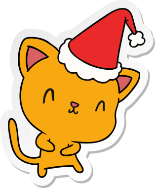 Bir insan tarafından çizilmiş kawaii kedisinin el çizimi Noel çıkartması.