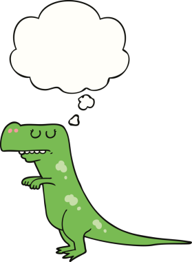 Bir insan tarafından çizilmiş düşünce baloncuklu bir dinozor.