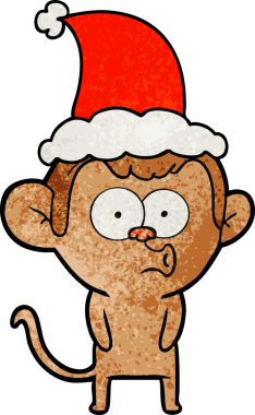 Bir insan tarafından çizilmiş Noel Baba şapkası giyen bir maymunun el çizimi karikatürü.