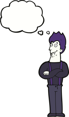 Bir insan tarafından çizilmiş düşünce balonlu mutlu vampir çizgi filmi.