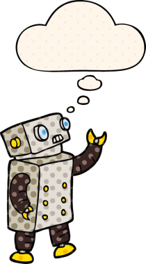 Bir insan tarafından çizilmiş çizgi roman şeklinde düşünce baloncuğu olan çizgi film robotu.