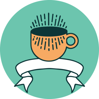 Bir insan tarafından çizilmiş bir fincan kahve sancağıyla dövme stili simgesi