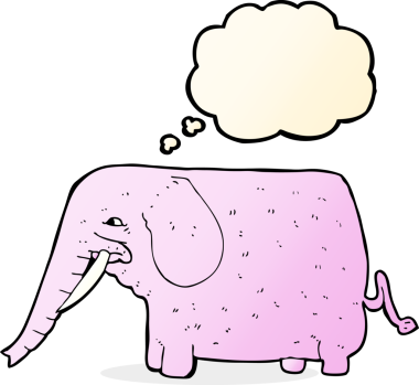 Bir insan tarafından çizilmiş düşünce baloncuklu komik bir fil.