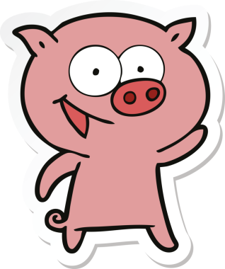 Bir insan tarafından çizilmiş neşeli bir domuz çizgi filminin çıkartması.