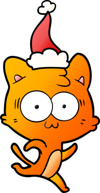 Bir insan tarafından çizilmiş Noel Baba şapkasıyla koşan sürpriz bir kedinin el çizimi karikatürü.