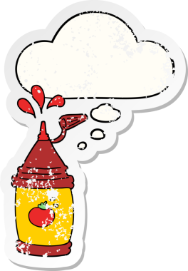 Düşünce baloncuklu ketçap şişesi insan tarafından çizilmiş yıpranmış bir çıkartma.