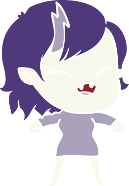 Bir insan tarafından çizilmiş düz renkli çizgi film gülen vampir kız.