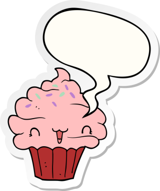 Bir insan tarafından çizilmiş baloncuk çıkartmalı tatlı çizgi film şekerli kek.