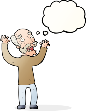 Karikatür, bir insan tarafından çizilmiş düşünce balonlu yaşlı adamı dehşete düşürdü.