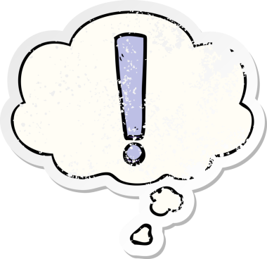 Düşünce baloncuklu çizgi film ünlem bir insan tarafından çizilmiş yıpranmış bir çıkartma gibi