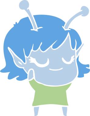 Gülümseyen uzaylı kız düz renkli çizgi film bir insan tarafından çizildi.