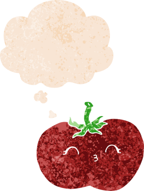 Düşünce baloncuklu çizgi film domatesi grunge sıkıntılı retro dokuma tarzı bir insan tarafından çizilmiş.