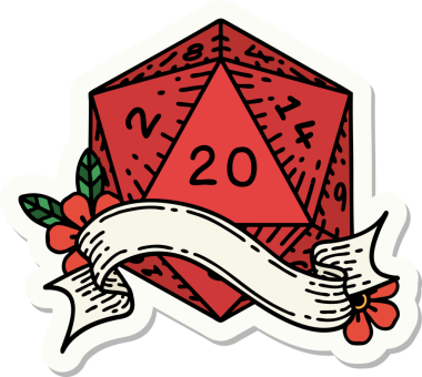 Bir insan tarafından çizilmiş 20 D20 zarının çıkartması.