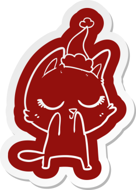 Bir insan tarafından çizilmiş Noel Baba şapkası takan bir kedinin garip çizgi film çıkartması.