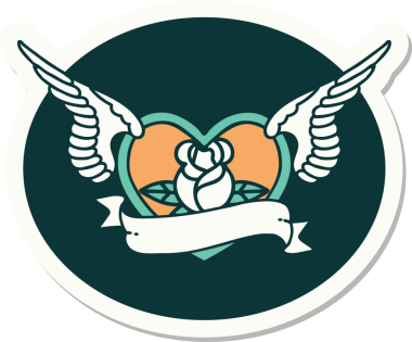 Geleneksel bir dövme stili. Uçan kalp. Çiçekler ve bir insan tarafından çizilmiş bayrak.