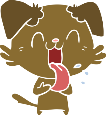 Bir insan tarafından çizilmiş düz renkli çizgi film soluyan köpek.