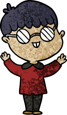 Bir insan tarafından çizilmiş gözlük takan çizgi film çocuğu.