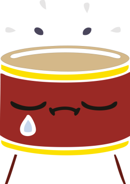 Bir insan tarafından çizilmiş ağlayan davulun düz renkli retro karikatürü