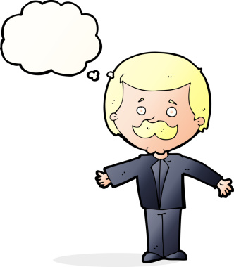 Çizgi filmlerdeki bıyıklı adam, kolları açık, düşünce baloncuğu çizen bir insan.