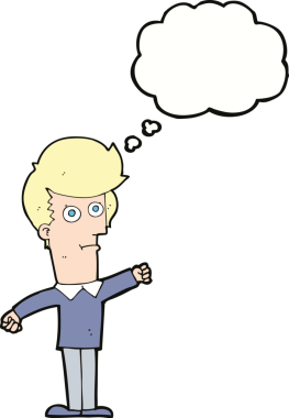 Bir insan tarafından çizilmiş düşünce baloncuğuyla yumruk atan çizgi film adamı.