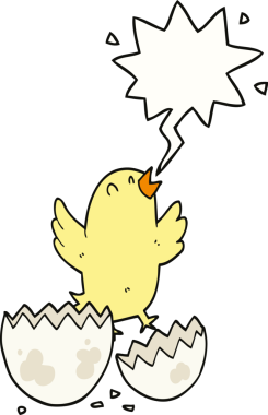 Bir insan tarafından çizilmiş konuşma baloncuğuyla yumurtadan çıkan çizgi film kuşu.