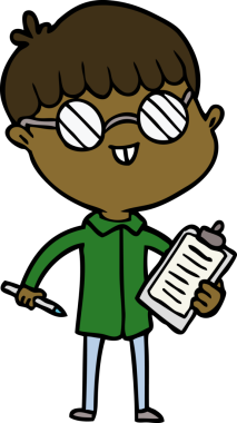 Bir insan tarafından çizilmiş gözlük takan çizgi film çocuğu.