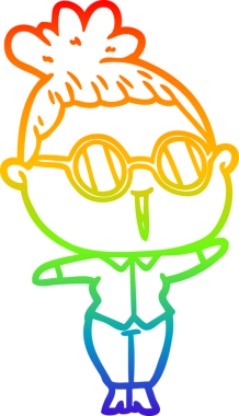 Bir insan tarafından çizilmiş gözlük takan bir karikatür kadının çizimi.