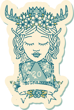 Retro Dövme Tarzı Elf Karakteri Bir insan tarafından çizilmiş doğal 20 zar ile