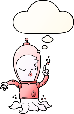 Bir insan tarafından çizilmiş yumuşak eğimli düşünce baloncuğu olan sevimli bir uzaylı çizgi filmi.