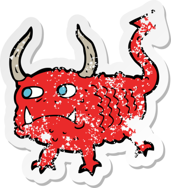 Bir insan tarafından çizilmiş küçük bir iblisin gerilmiş çıkartması.