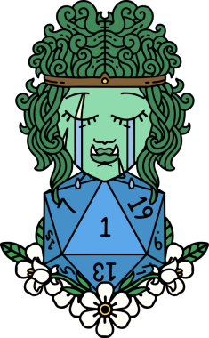 Retro Dövme Tarzı Hüzünlü Ork Barbar Karakter Yüzü Doğal bir D20 ruloyla Bir insan tarafından çizilmiş