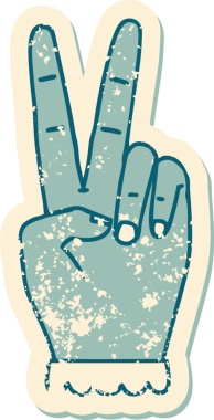 Bir barış sembolünün grunge sticker 'ı Bir insan tarafından çizilmiş iki parmak el hareketi