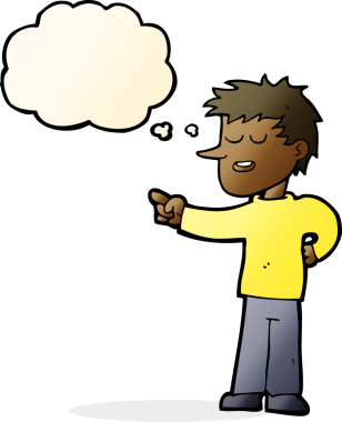 Bir insan tarafından çizilen düşünce baloncuğuyla işaret eden çizgi film adamı.