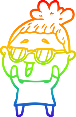 Bir insan tarafından çizilmiş gözlük takan mutlu bir kadının çizgi çizimi.