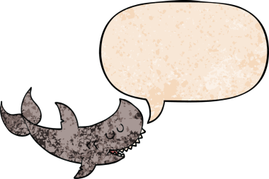 Konuşma baloncuğu olan bir karikatür köpekbalığı insan tarafından çizilmiş.