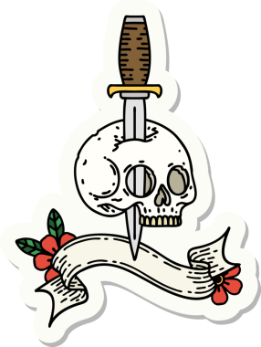 Bir insan tarafından çizilmiş kafatasının pankartıyla dövme stili etiketi