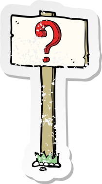 Bir insan tarafından çizilmiş soru işaretli bir çizgi film tabelasının gerilimli retro çıkartması.