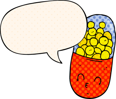 Bir insan tarafından çizilmiş çizgi roman tarzında konuşma baloncuklu çizgi film hapı.