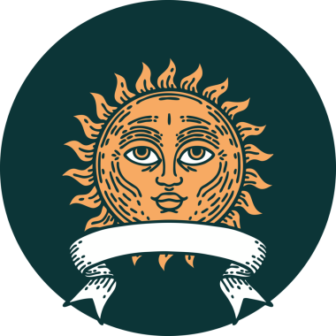 Yüzü bir insan tarafından çizilmiş güneş pankartıyla dövme tarzı simgesi