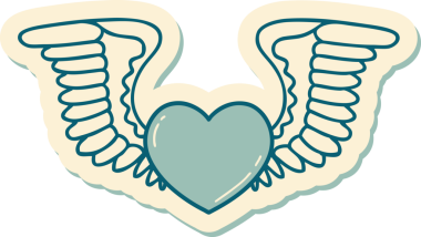 Bir insan tarafından çizilmiş kanatlı bir kalbin geleneksel stiliyle dövme çıkartması.