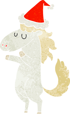 Bir insan tarafından çizilmiş Noel Baba şapkası giyen bir atın el çizimi karikatürü.