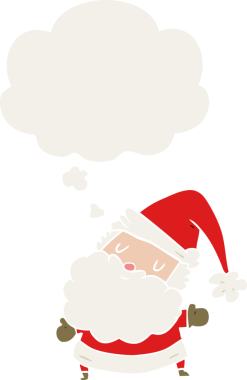 Düşünce baloncuğu olan karikatür noel baba insan tarafından çizilmiş.