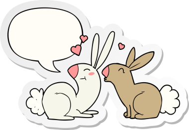 Bir insan tarafından çizilmiş konuşma balonu çıkartmasına aşık çizgi film tavşanları.
