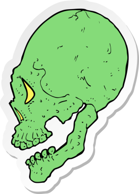 Bir insan tarafından çizilmiş ürkütücü bir kafatasının etiketi.