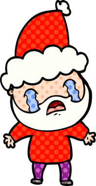 Bir insanın çizdiği Noel Baba şapkasıyla ağlayan sakallı bir adamın el çizimi çizgi roman tasviri.