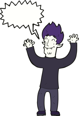 Bir insan tarafından çizilmiş konuşma balonlu mutlu vampir adam çizgi filmi.