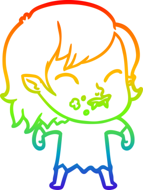 Gökkuşağı gradyan çizgisi. Bir insan tarafından çizilmiş yanağında kan olan vampir bir kız çizgi filmi.