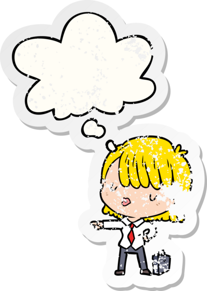 Düşünce baloncuğu olan karikatürlü etkin iş kadını bir insan tarafından çizilmiş yıpranmış bir çıkartma.